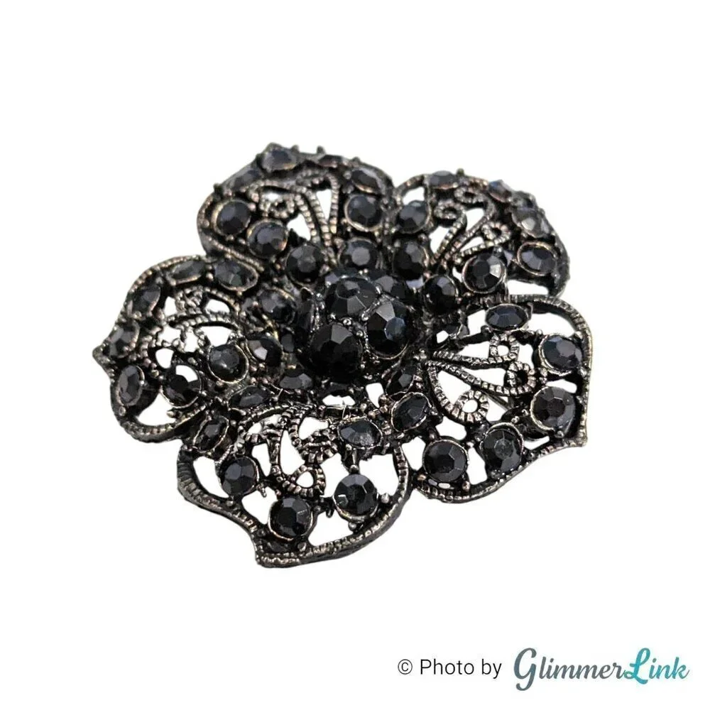 Vintage Black Rhinestones Filigree Lace Flower Brooch Pin